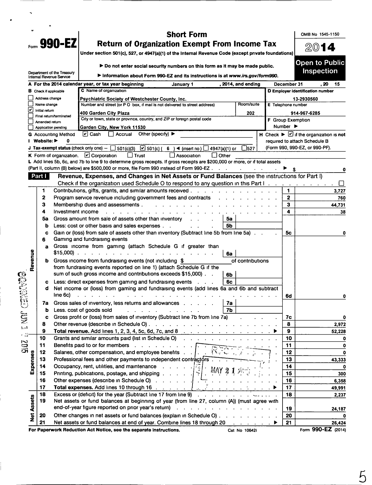 Image of first page of 2015 Form 990EO for Psychiatric Society of Westchester County