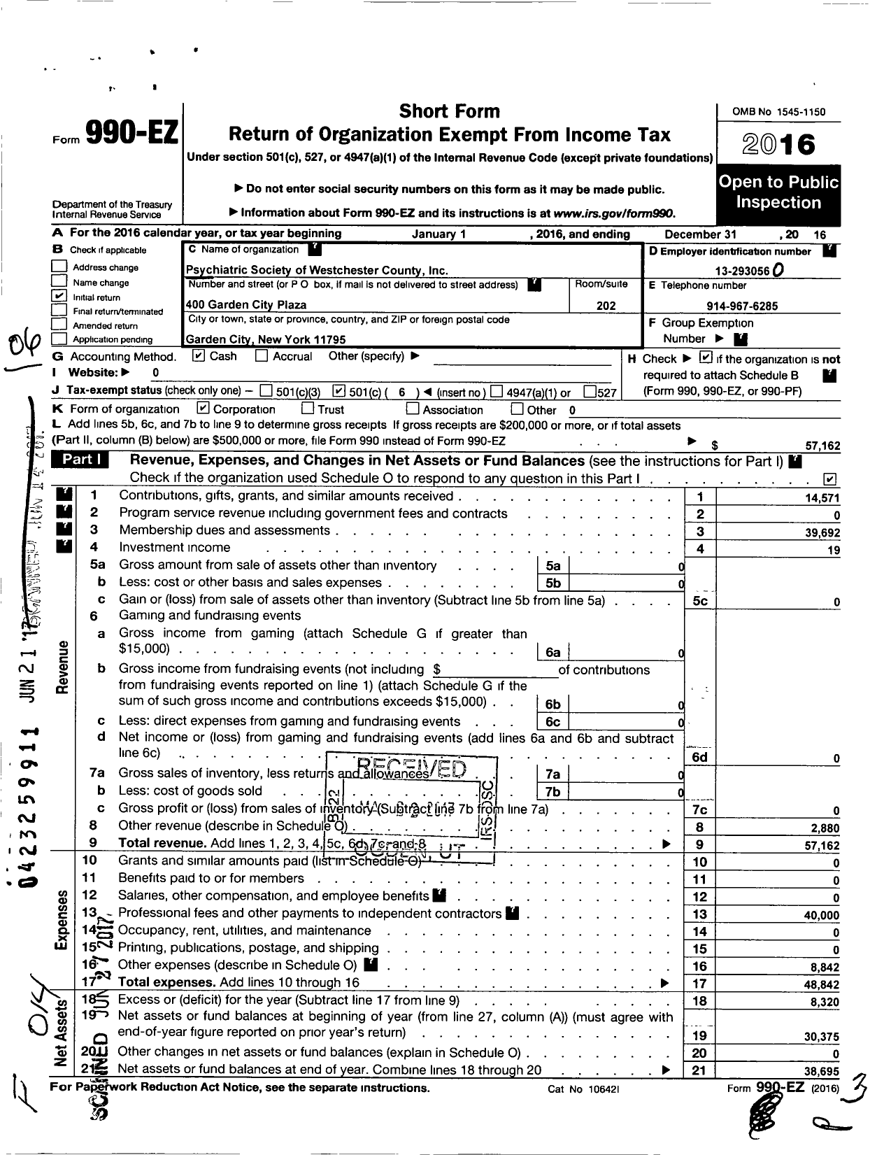 Image of first page of 2016 Form 990EO for Psychiatric Society of Westchester County