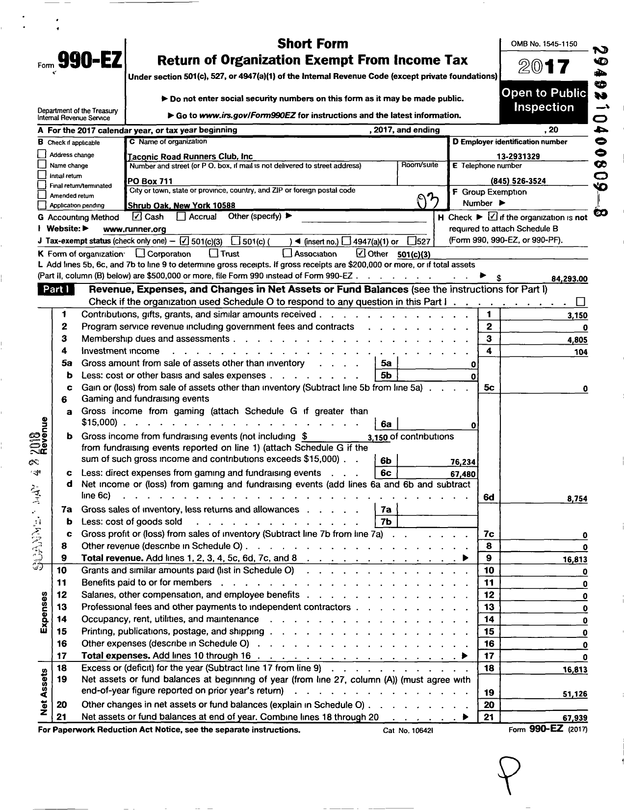 Image of first page of 2017 Form 990EZ for Taconic Road Runners Club Incorporated