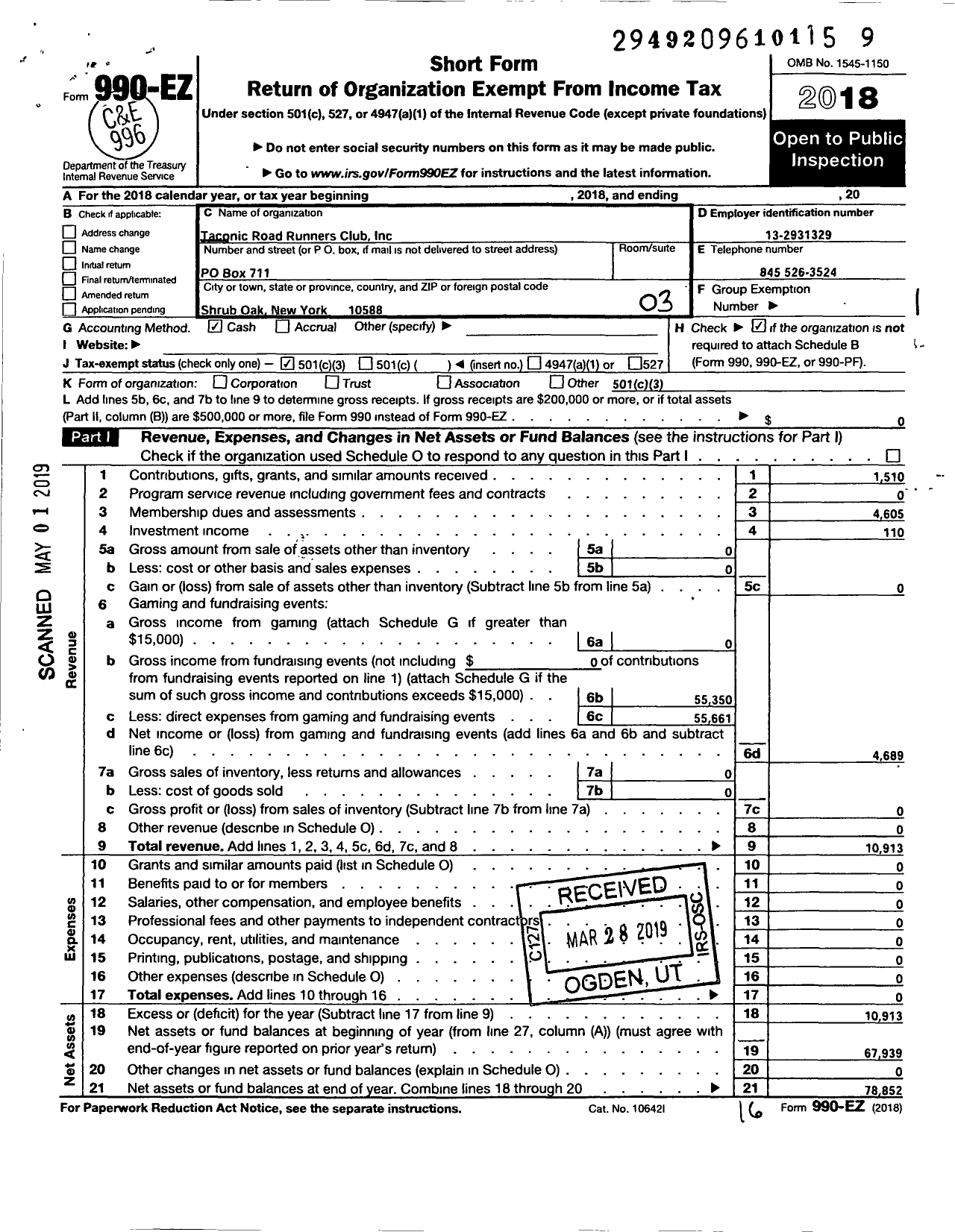 Image of first page of 2018 Form 990EZ for Taconic Road Runners Club Incorporated