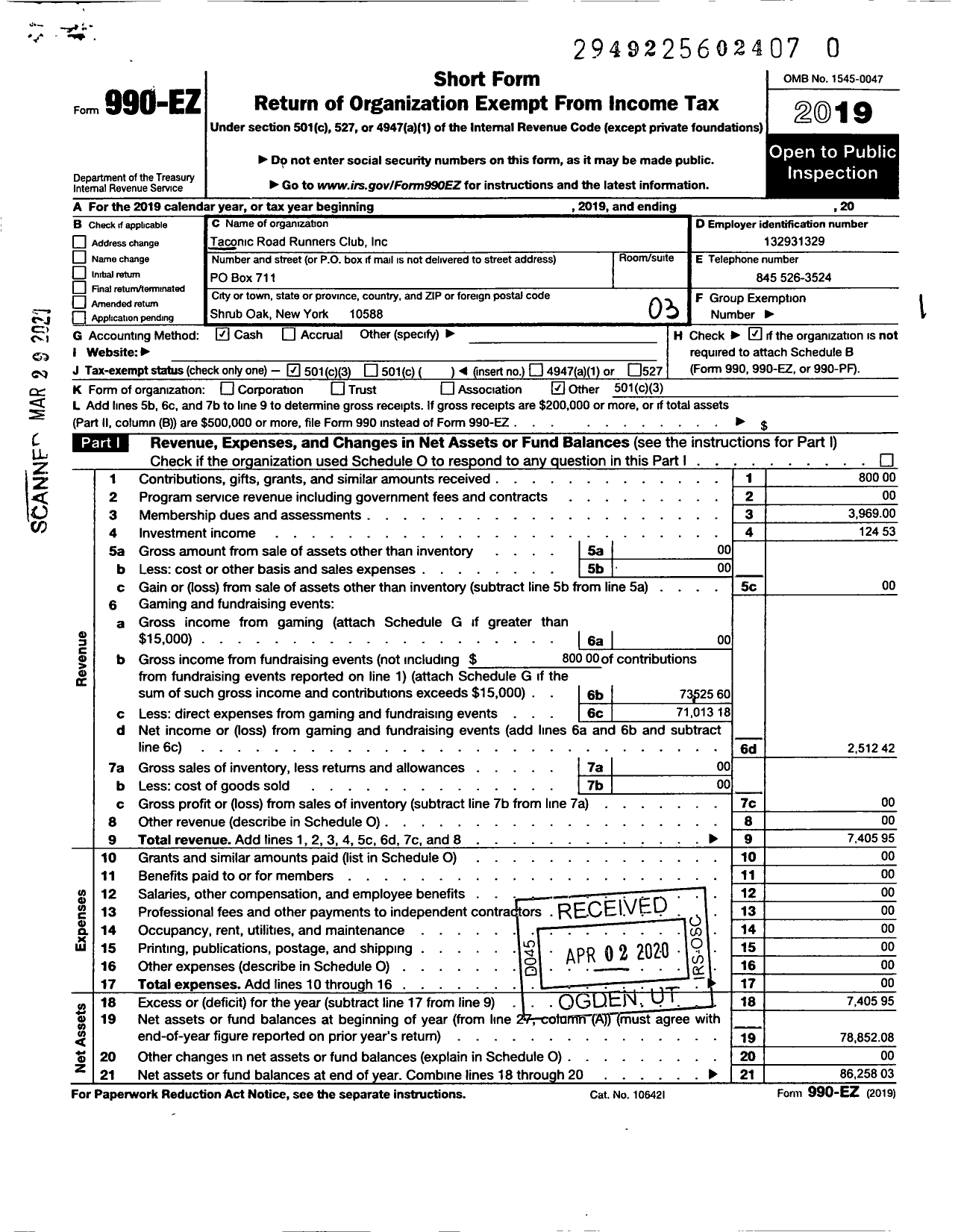 Image of first page of 2019 Form 990EZ for Taconic Road Runners Club Incorporated