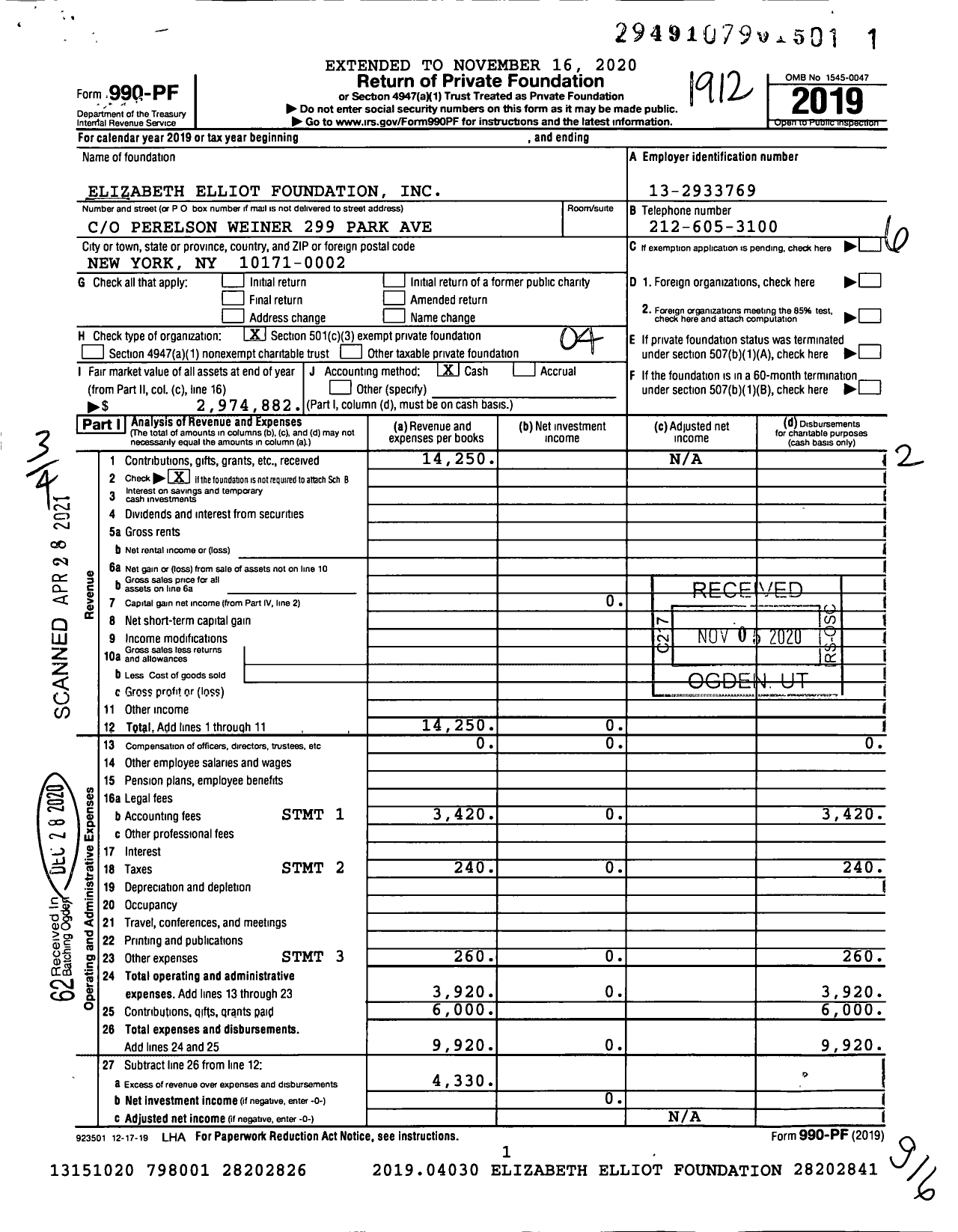 Image of first page of 2019 Form 990PF for Elizabeth Elliot Foundation