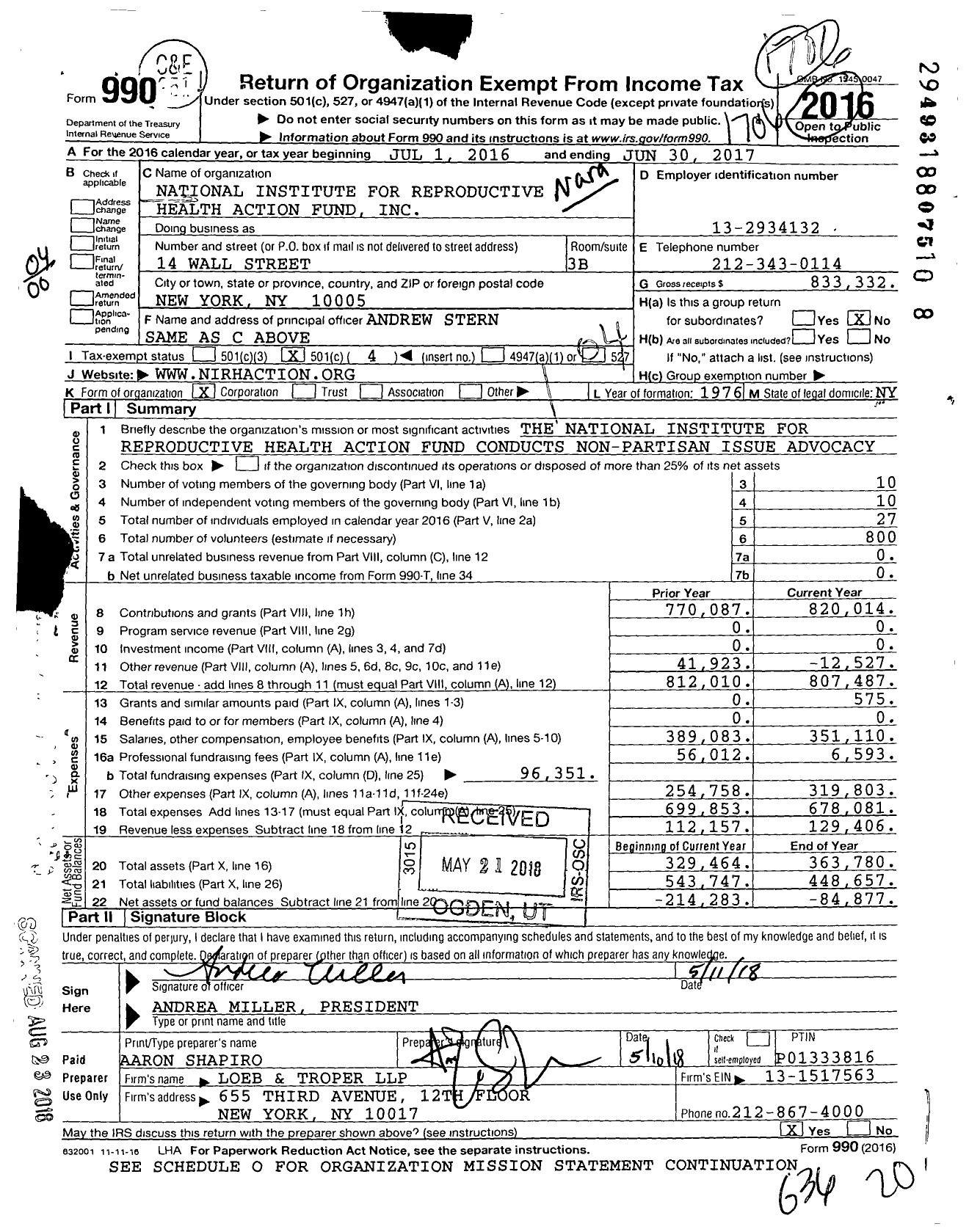 Image of first page of 2016 Form 990O for National Institute for Reproductive Health Action Fund