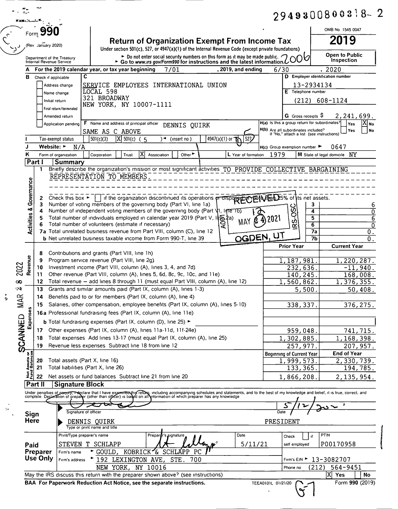 Image of first page of 2019 Form 990O for Service Employees International Union - 598 New York State Court Officers