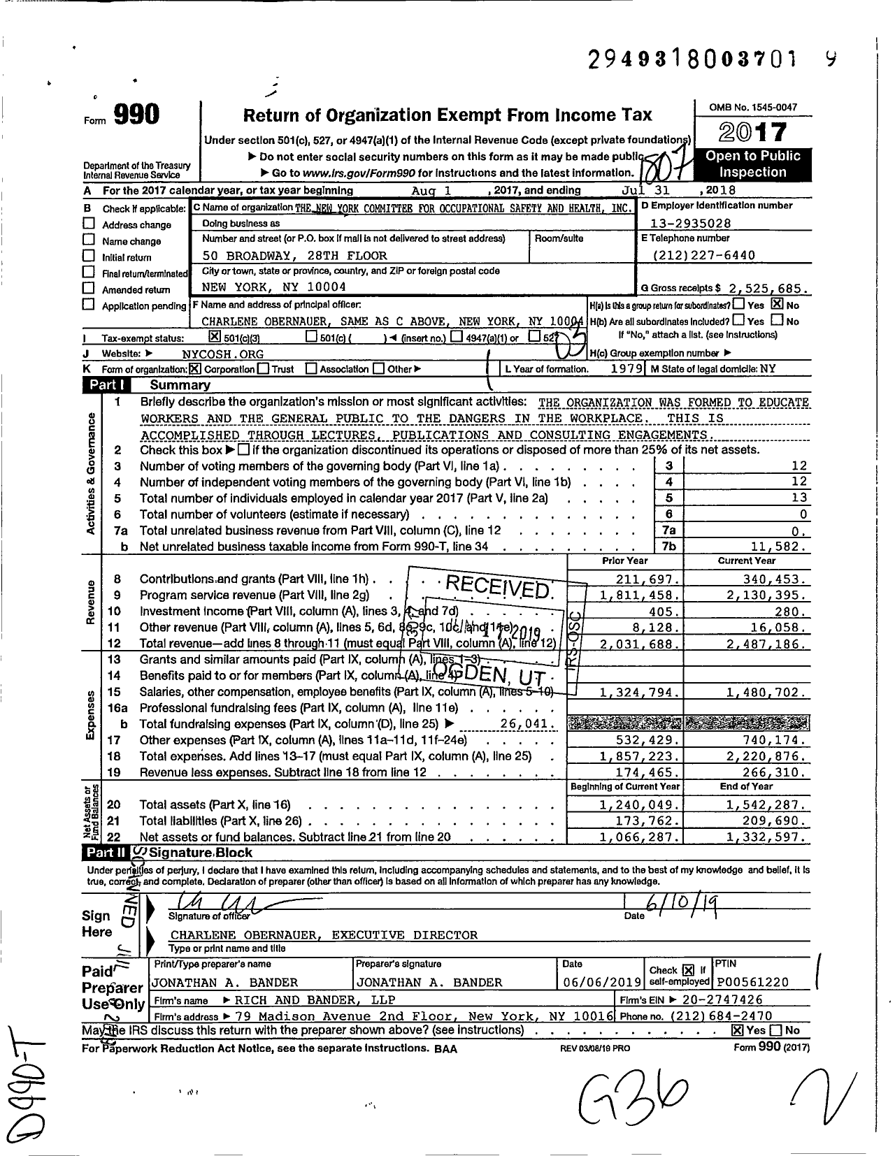 Image of first page of 2017 Form 990 for The New York Committee for Occupational Safety and Health