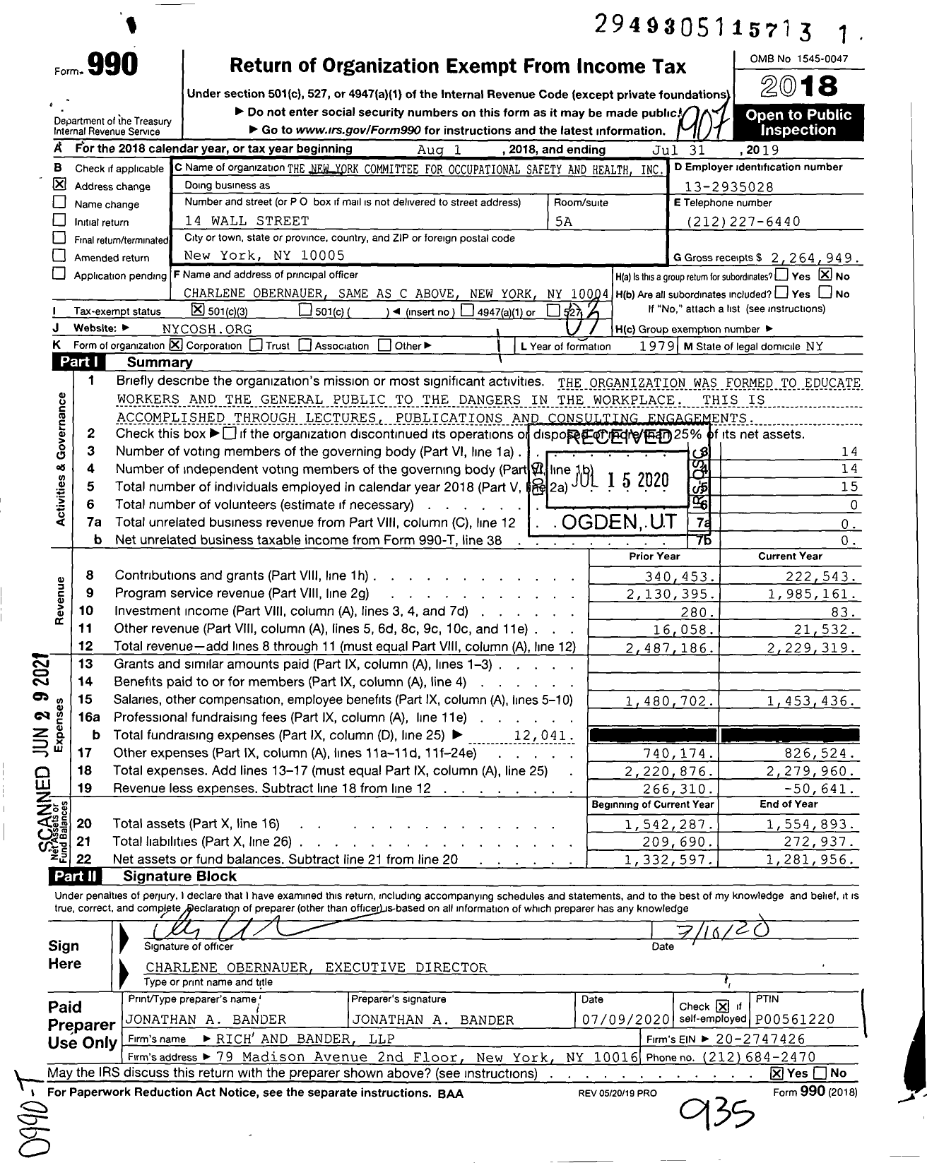 Image of first page of 2018 Form 990 for New York Committee for Occupational Safety and Health