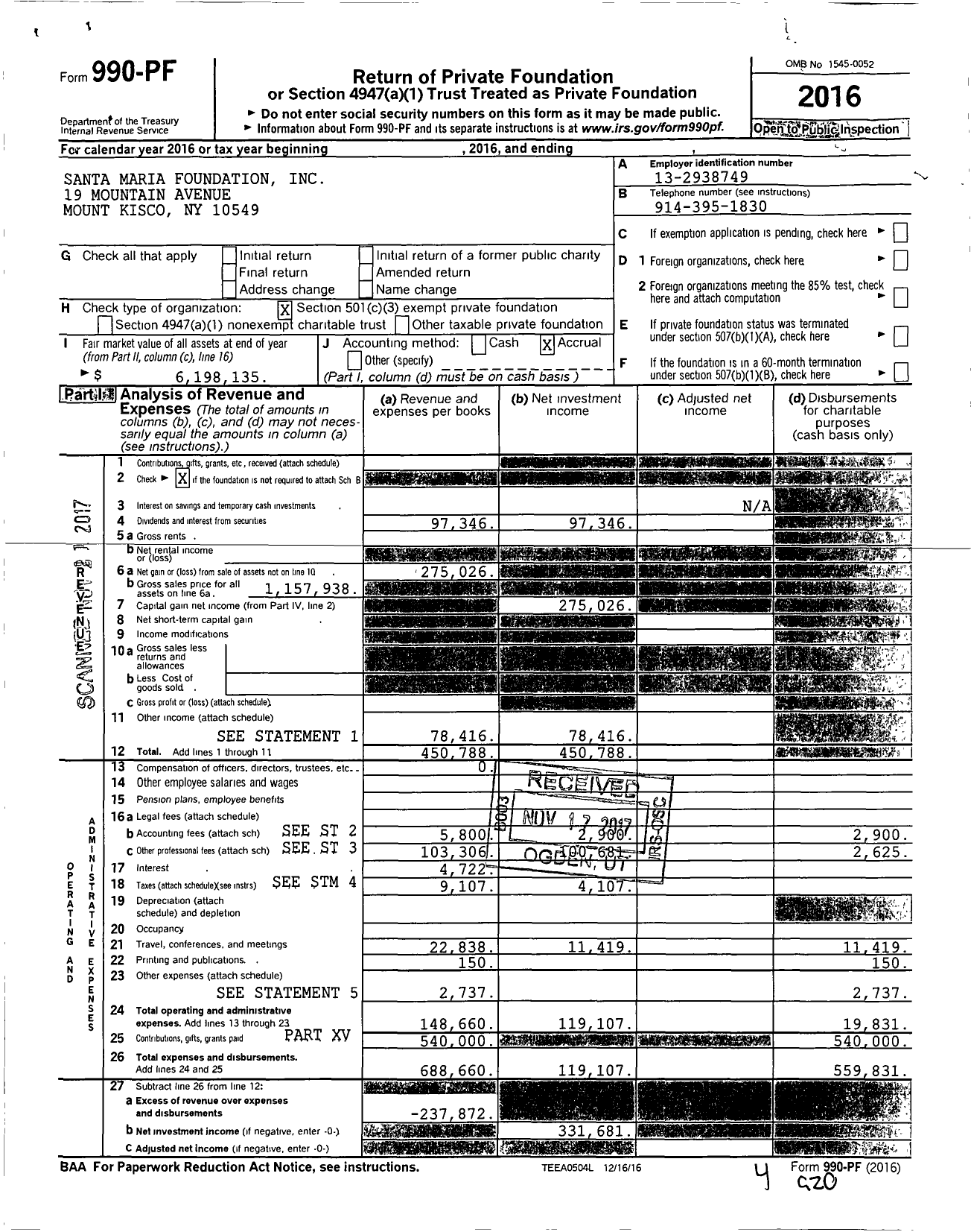 Image of first page of 2016 Form 990PF for Santa Maria Foundation