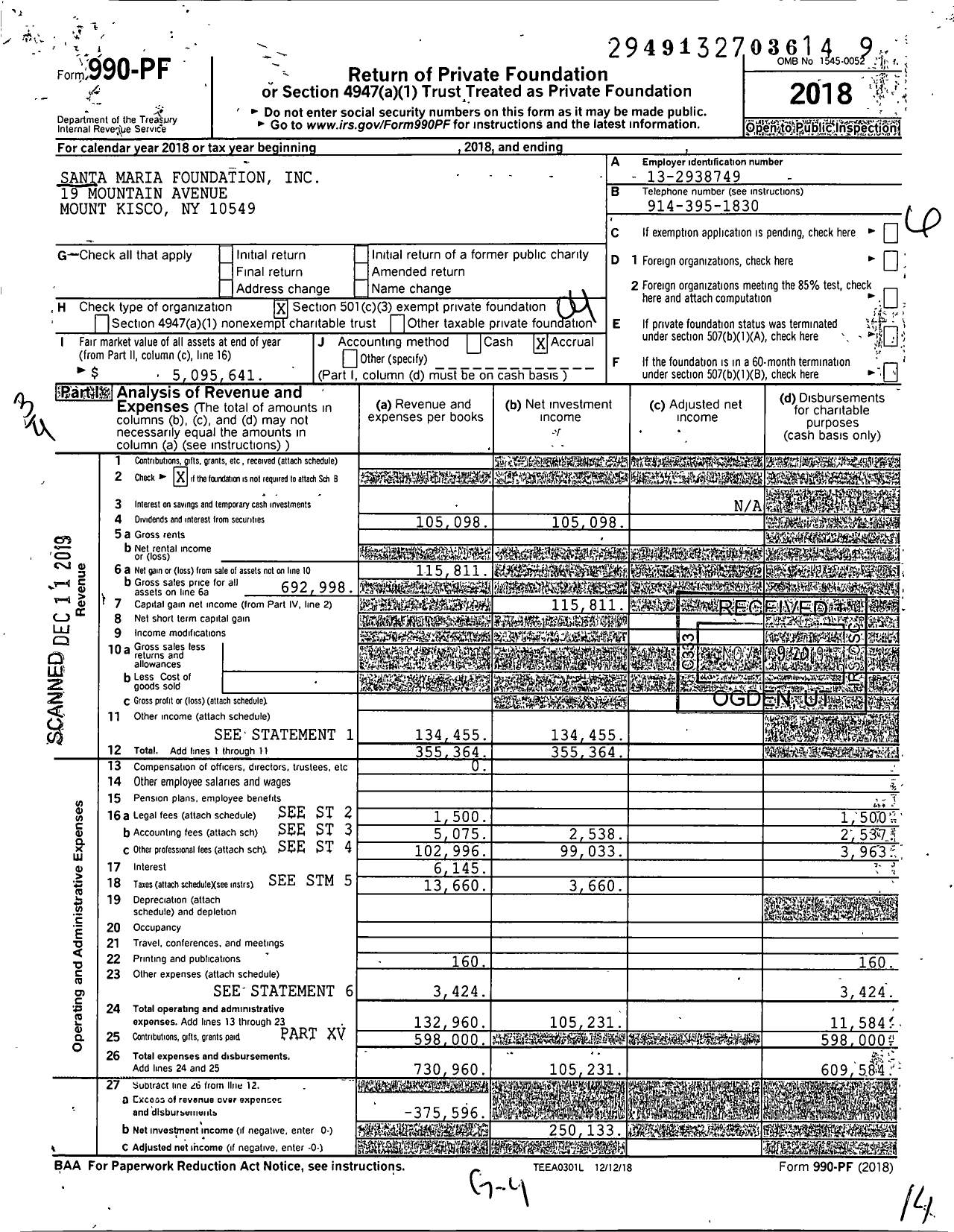 Image of first page of 2018 Form 990PF for Santa Maria Foundation