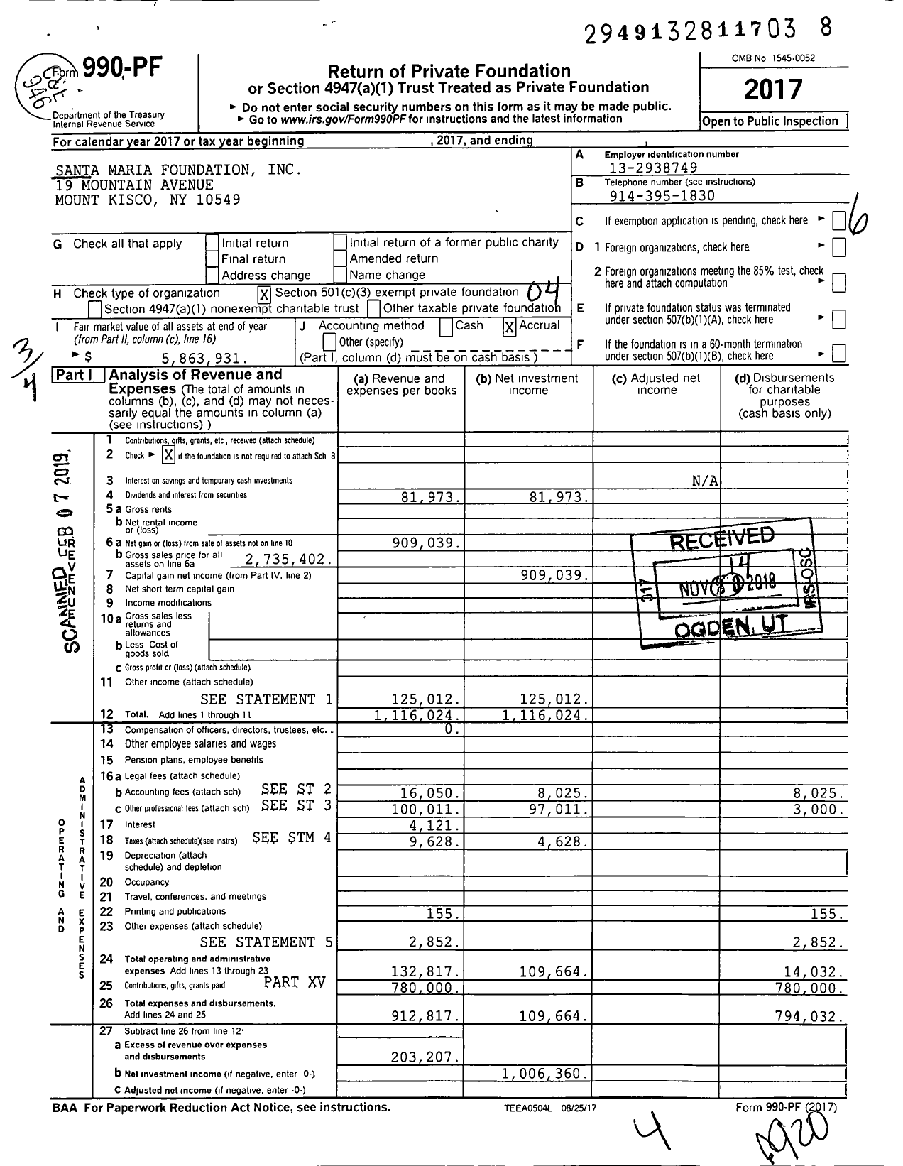 Image of first page of 2017 Form 990PF for Santa Maria Foundation