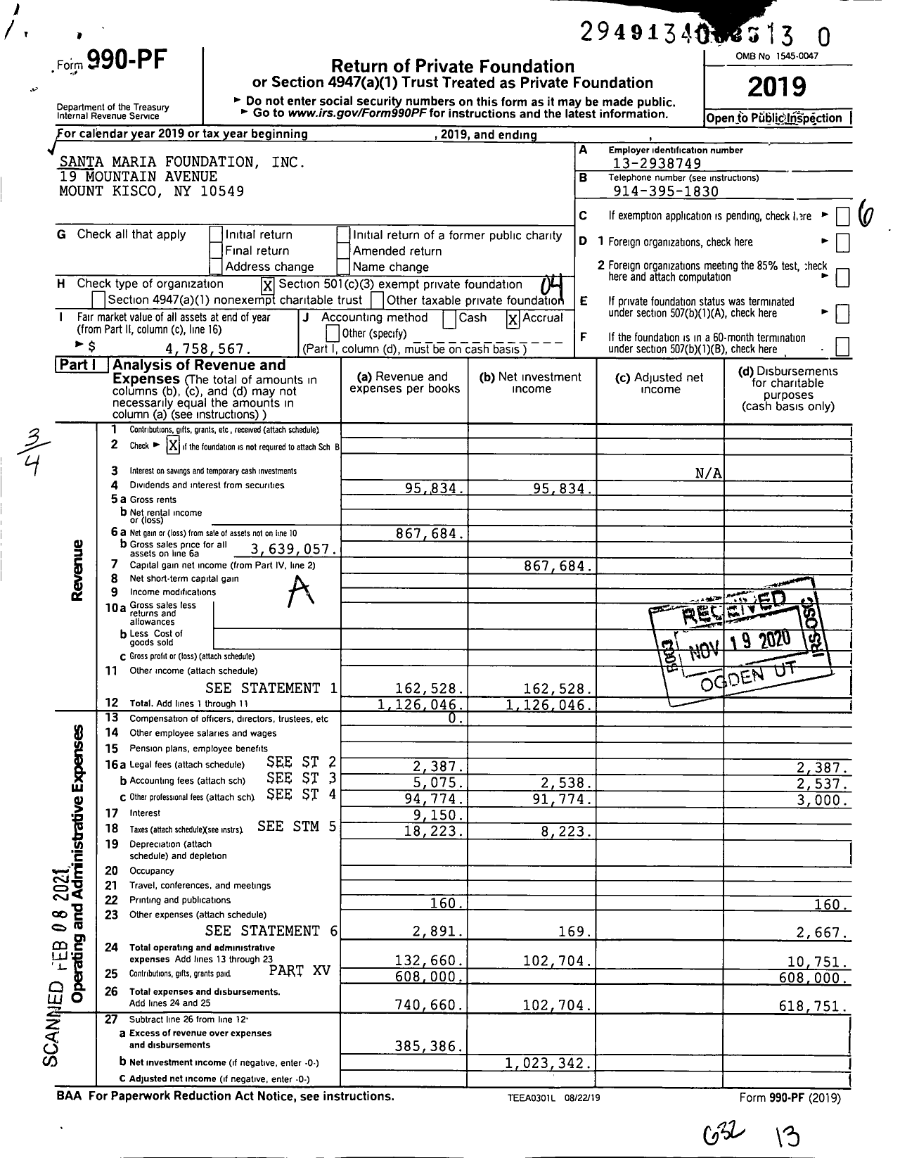 Image of first page of 2019 Form 990PF for Santa Maria Foundation