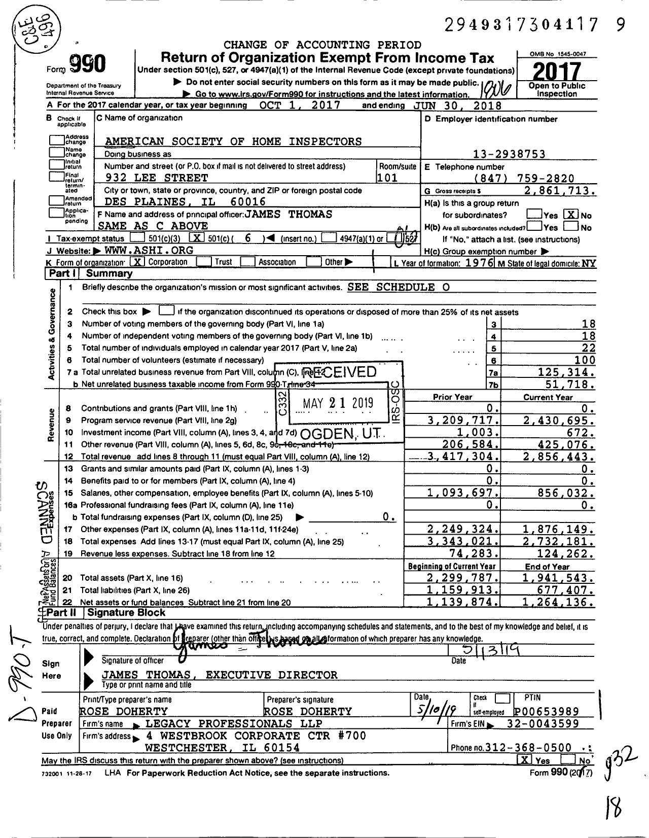 Image of first page of 2017 Form 990O for American Society of Home Inspectors