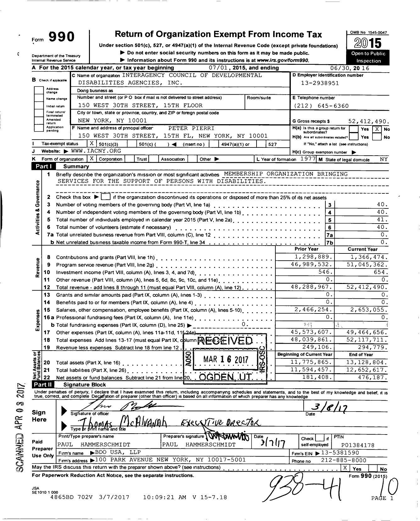 Image of first page of 2015 Form 990 for Interagency Council of Developmental Disabilities Agencies