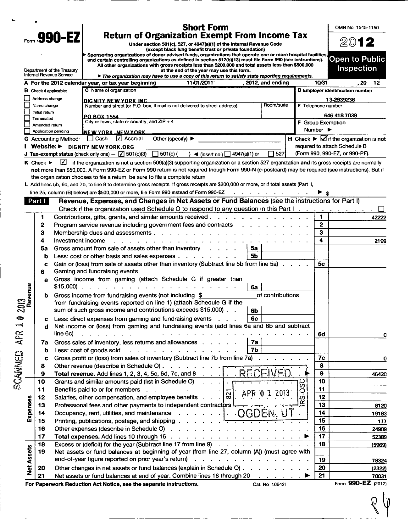 Image of first page of 2011 Form 990EZ for Dignity New York