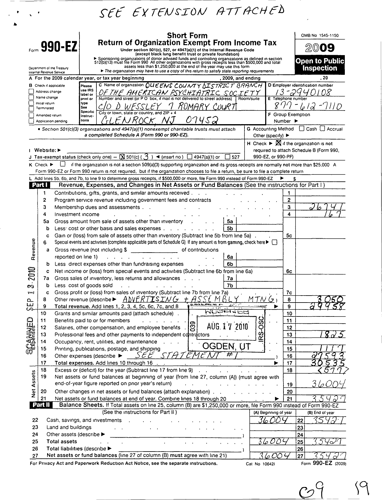 Image of first page of 2009 Form 990EZ for Queens County District Branch of Amer Psychiatric Association