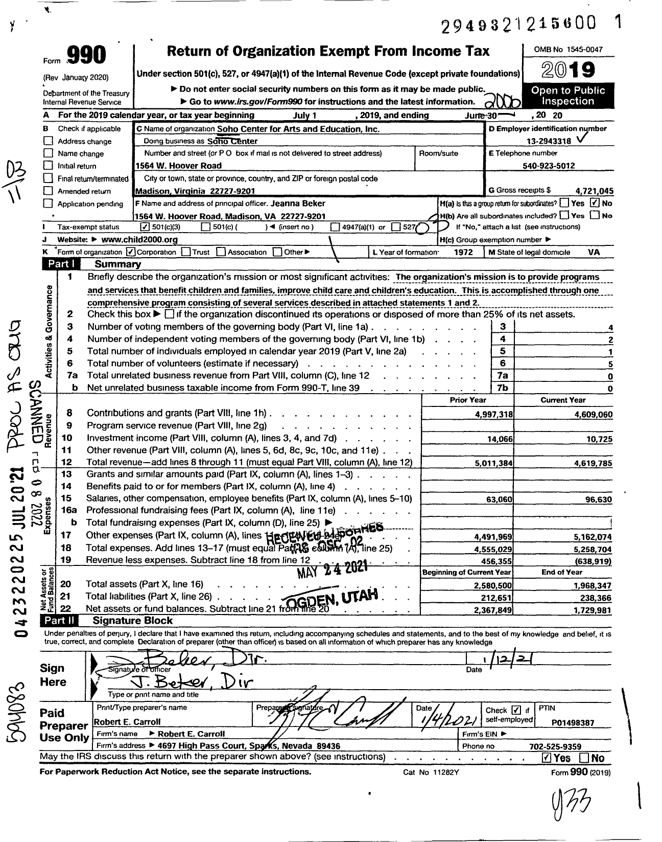 Image of first page of 2019 Form 990 for Soho Center