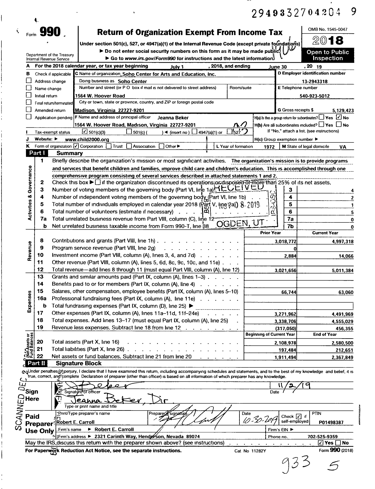 Image of first page of 2018 Form 990 for Soho Center