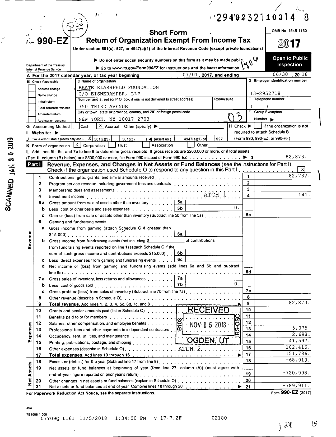 Image of first page of 2017 Form 990EZ for Beate Klarsfeld Foundation