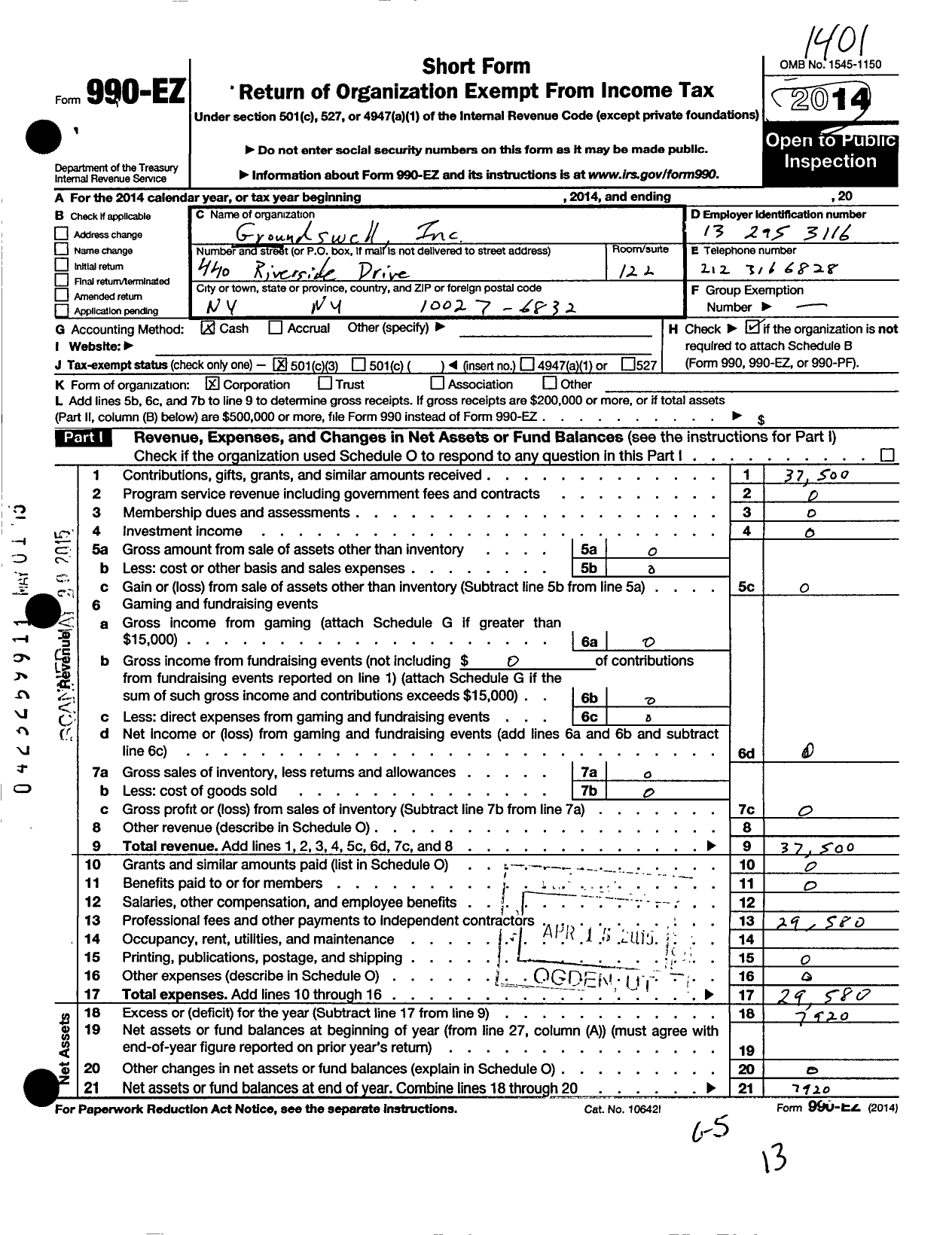 Image of first page of 2013 Form 990EZ for Groundswell