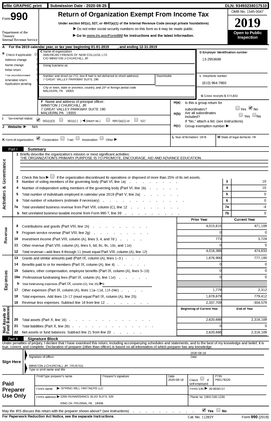 Image of first page of 2019 Form 990 for American Friends of New College