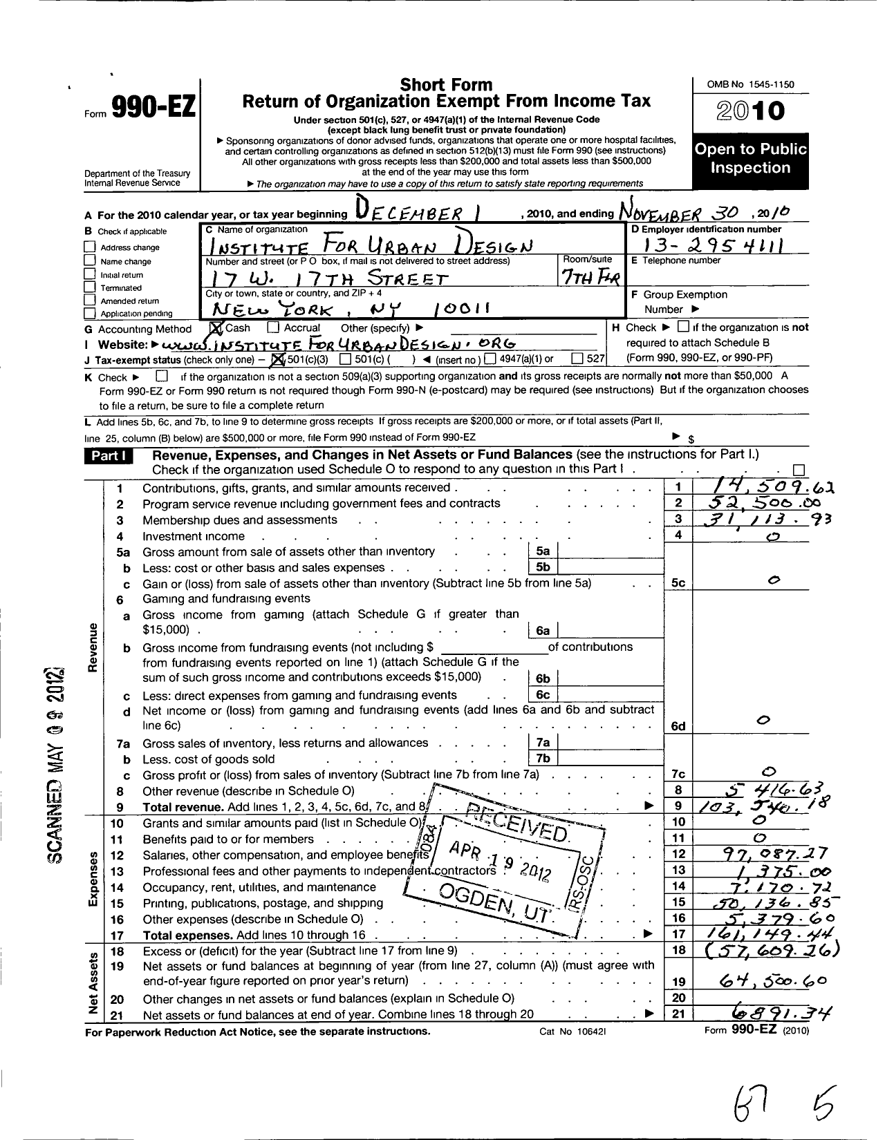 Image of first page of 2009 Form 990EZ for Institute for Urban Design Incorporated