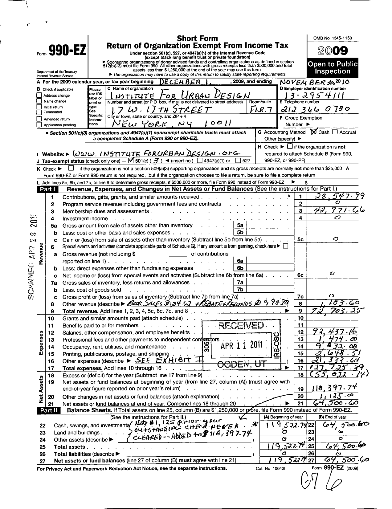 Image of first page of 2009 Form 990EZ for Institute for Urban Design Incorporated