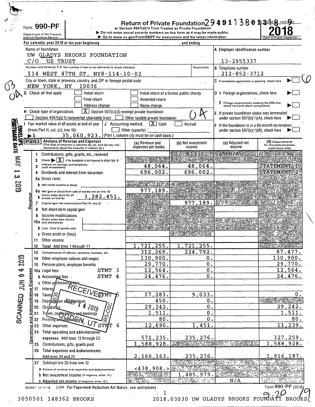 Image of first page of 2018 Form 990PF for Uw Gladys Brooks Foundation