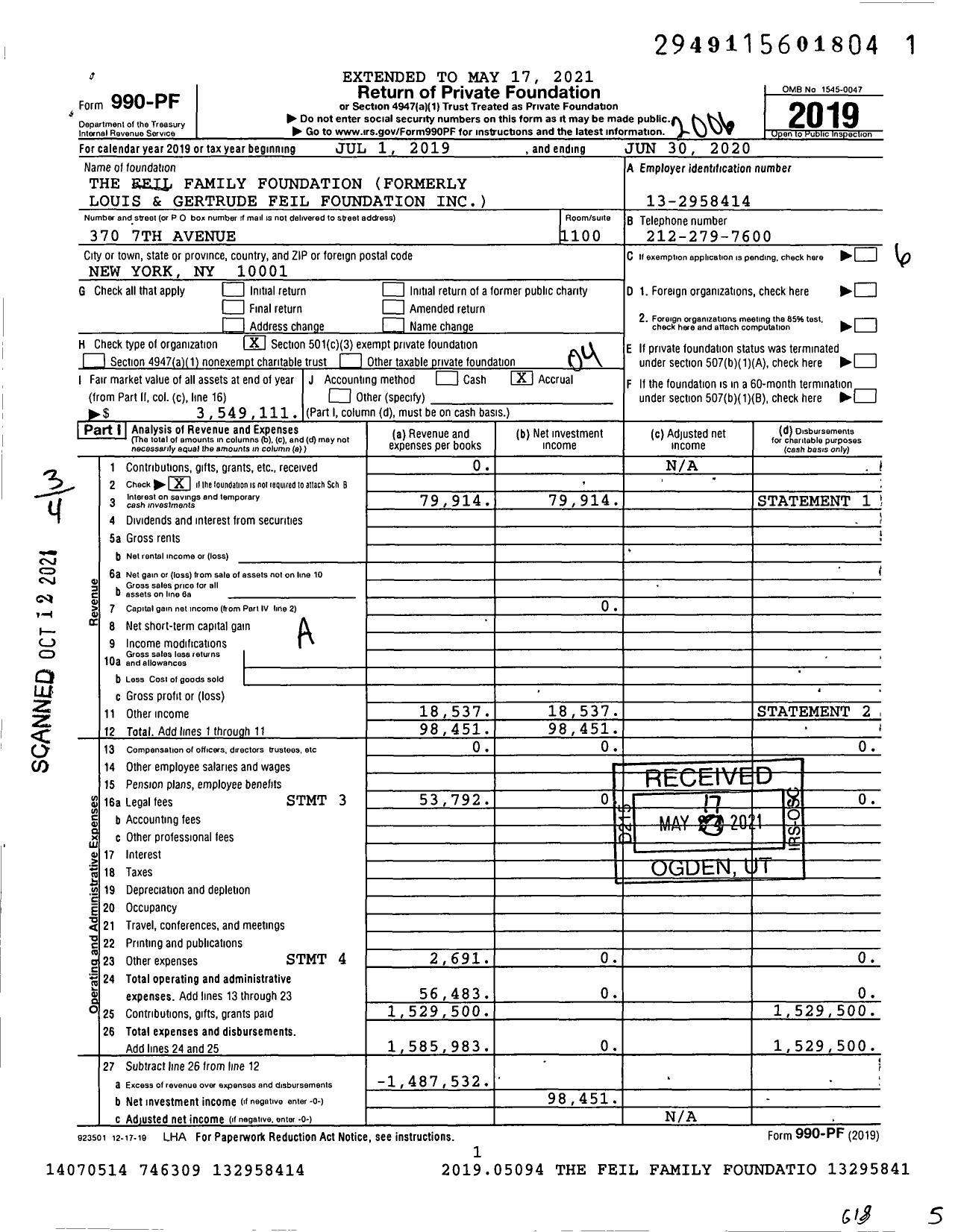 Image of first page of 2019 Form 990PF for The Feil Family Foundation