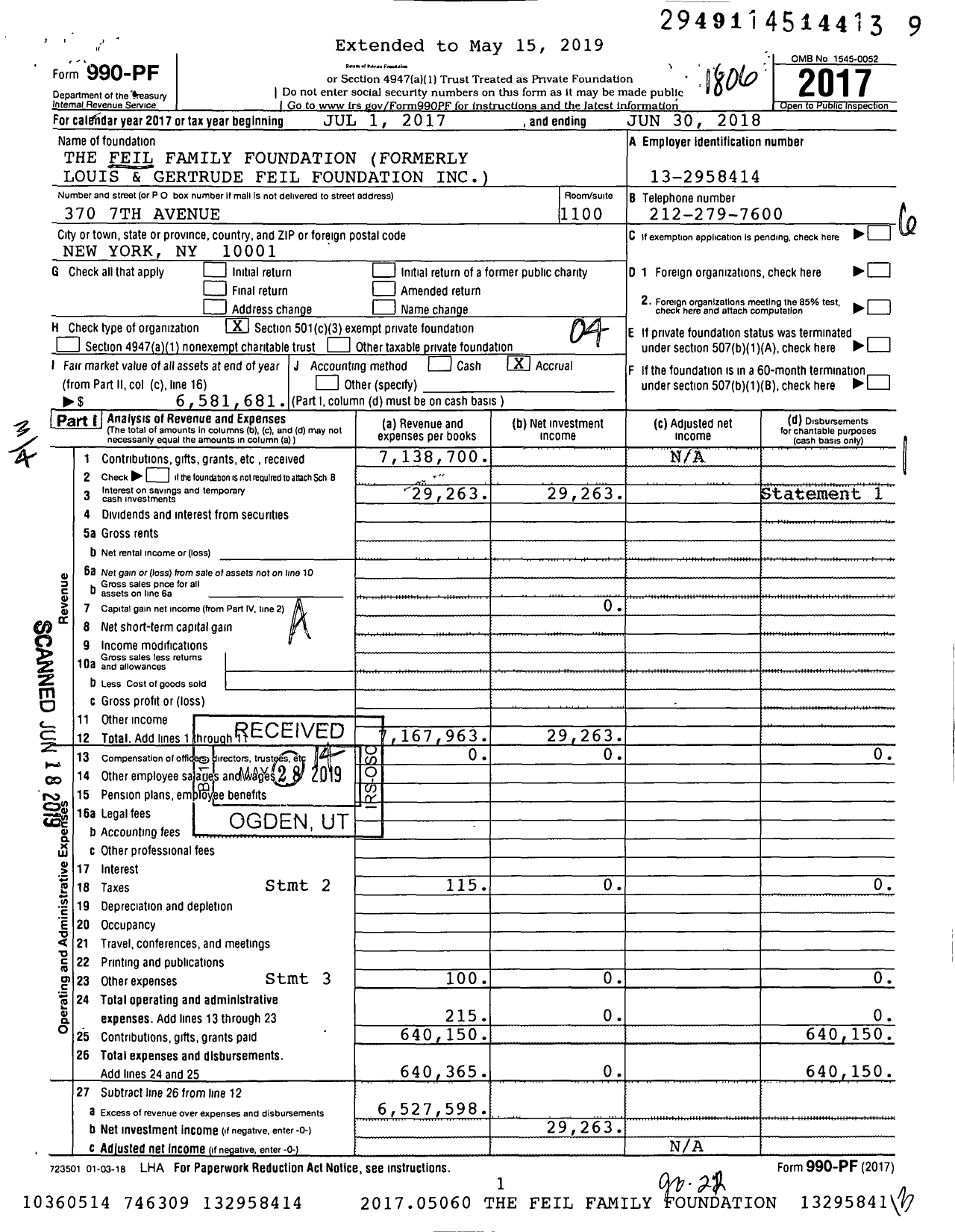 Image of first page of 2017 Form 990PF for The Feil Family Foundation