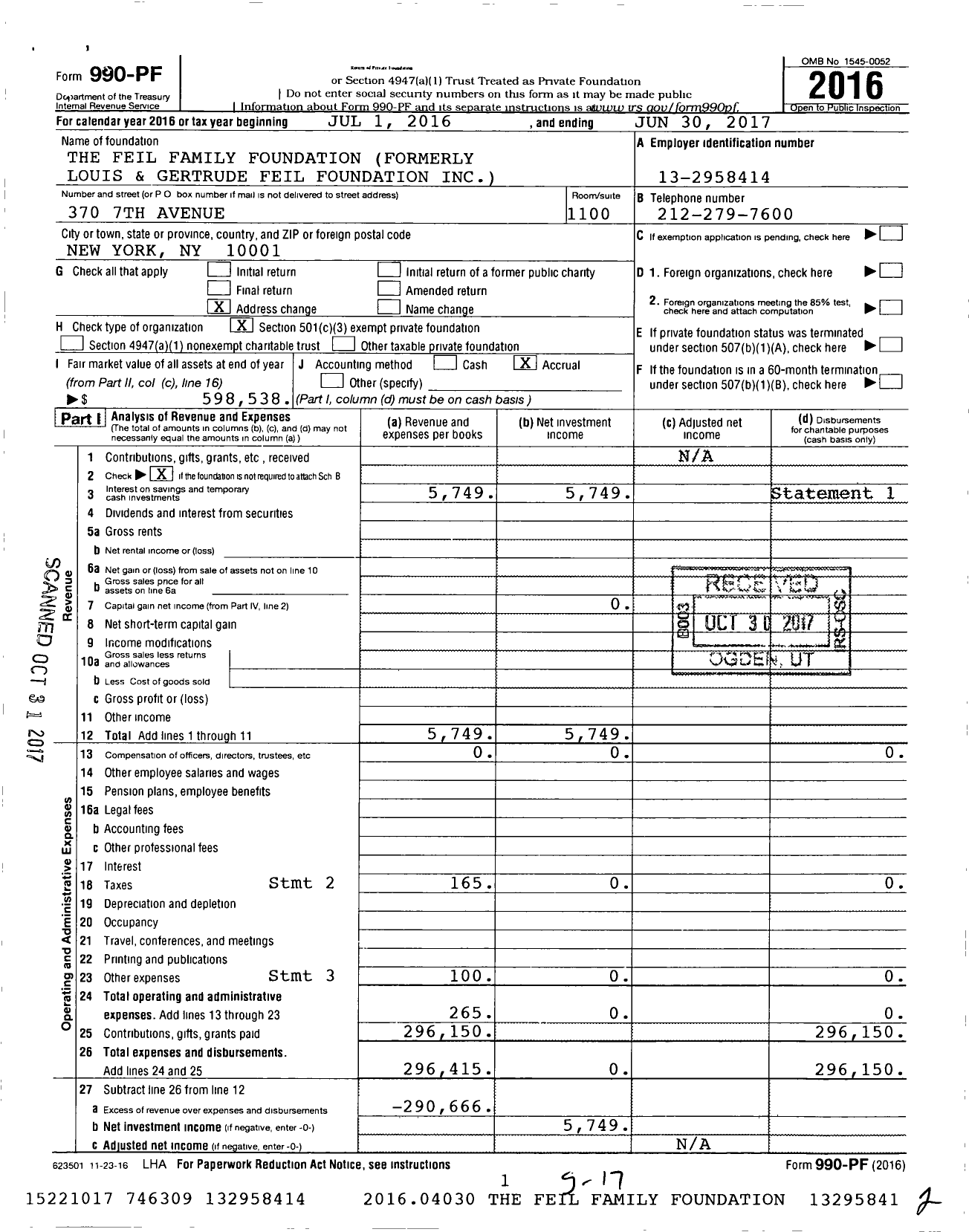 Image of first page of 2016 Form 990PF for The Feil Family Foundation