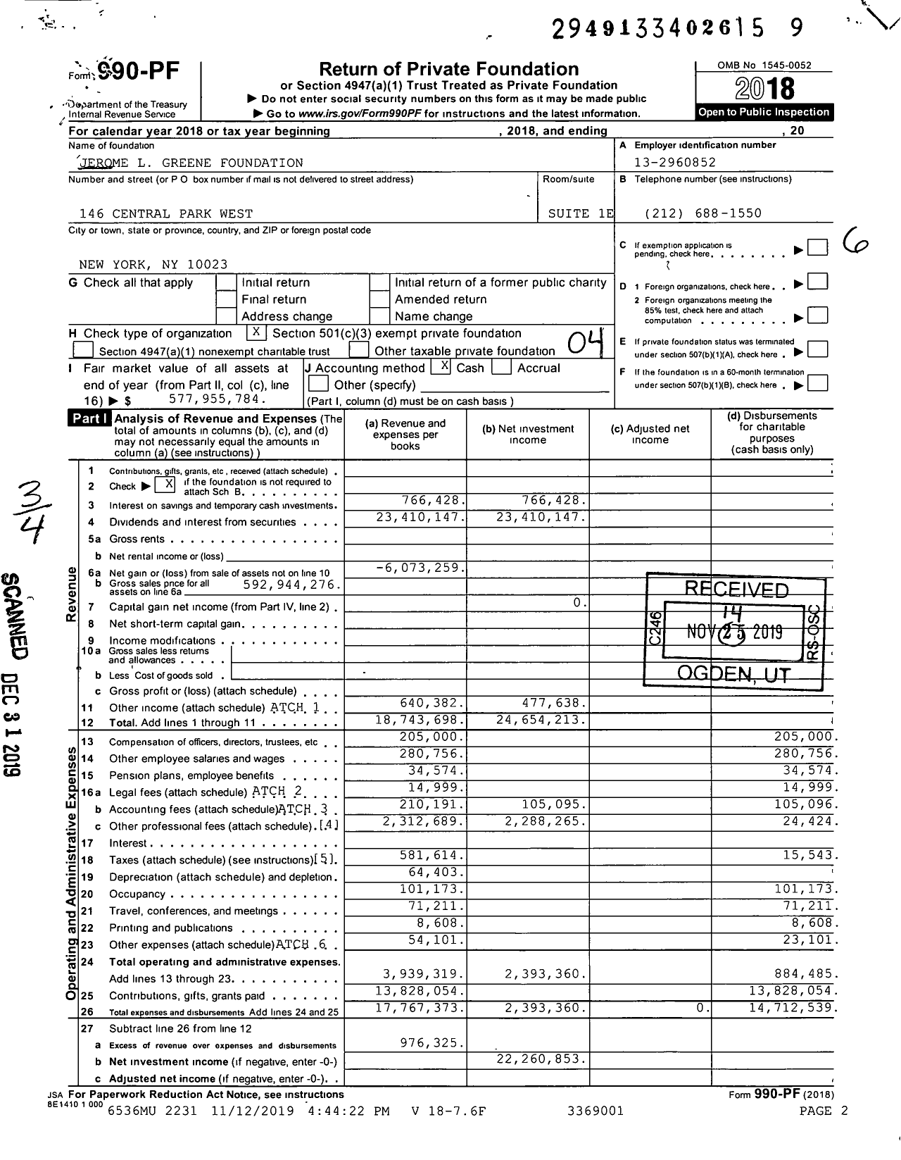 Image of first page of 2018 Form 990PF for Jerome L Greene Foundation