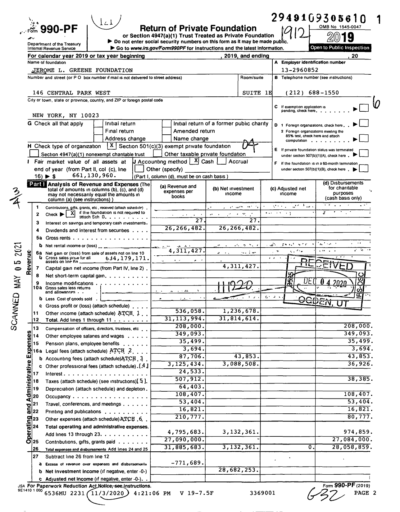 Image of first page of 2019 Form 990PF for Jerome L Greene Foundation