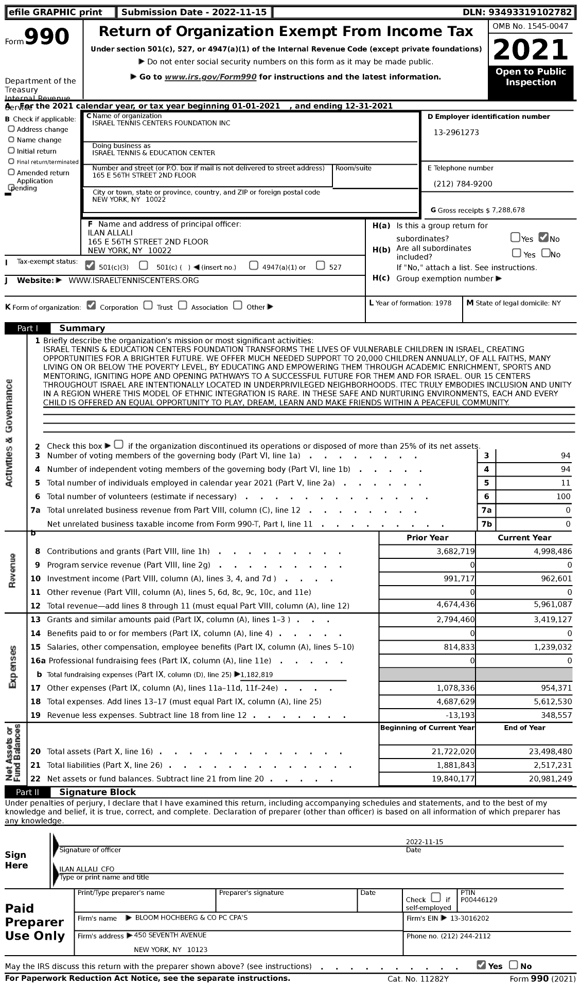 Image of first page of 2021 Form 990 for Israel Tennis and Education Center