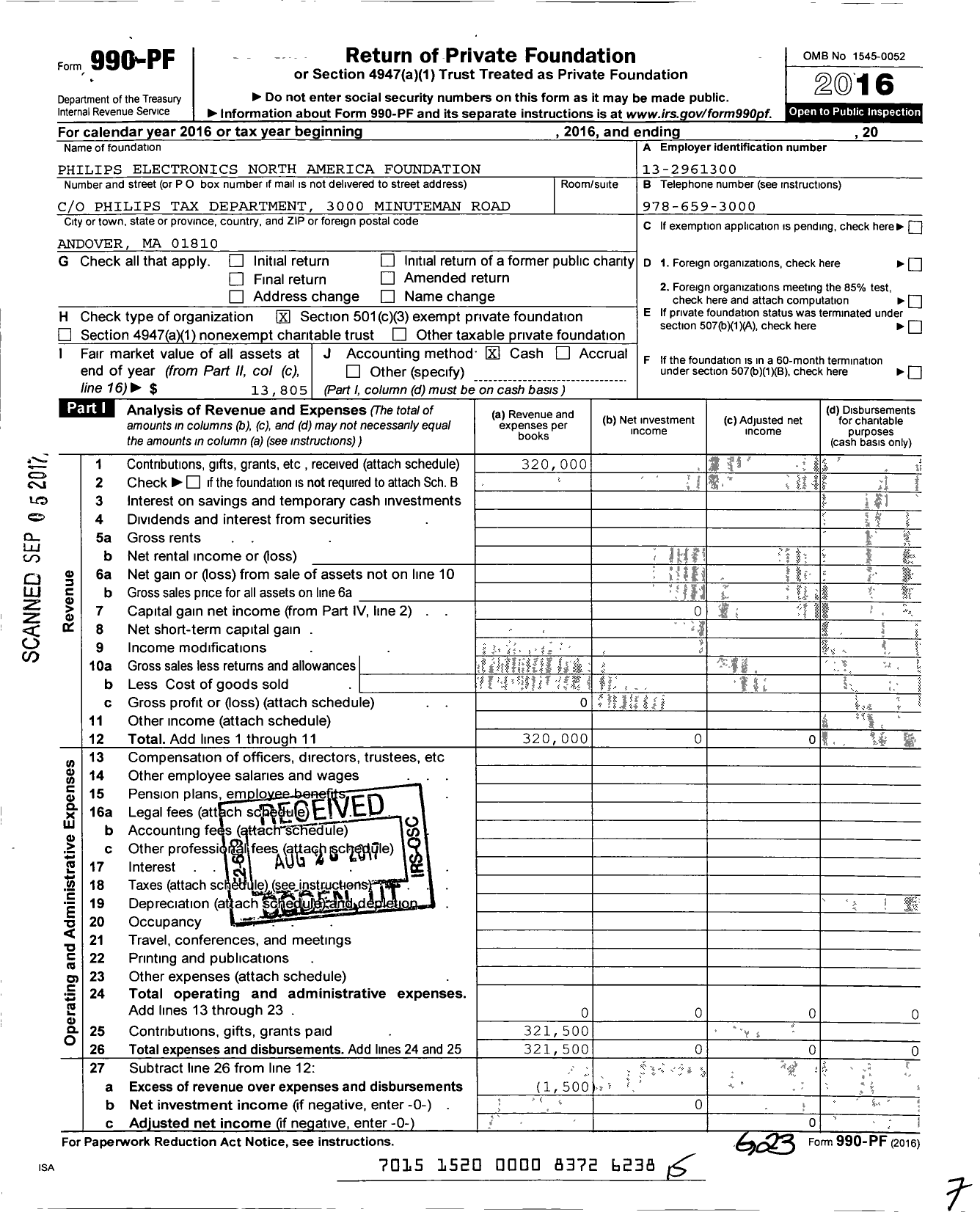 Image of first page of 2016 Form 990PF for Philips Electronics North America Foundation