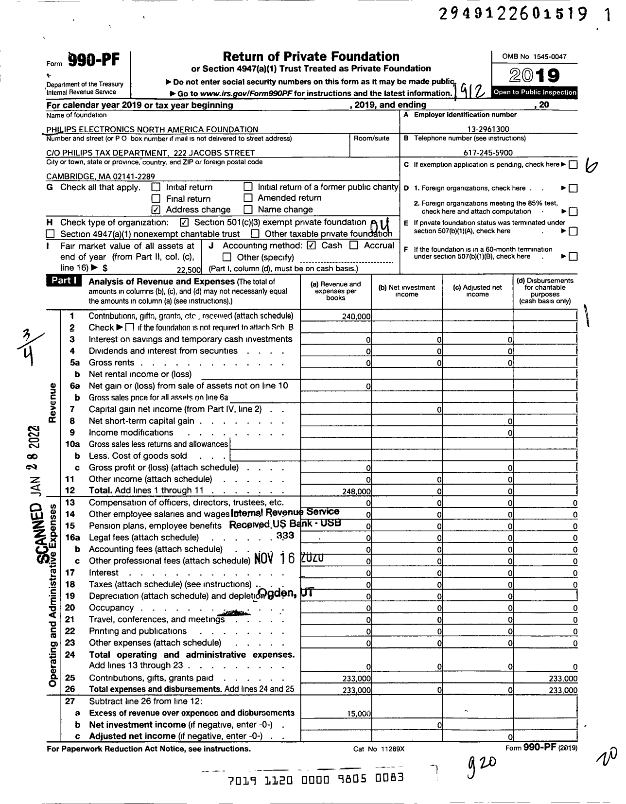 Image of first page of 2019 Form 990PF for Philips Electronics North America Foundation