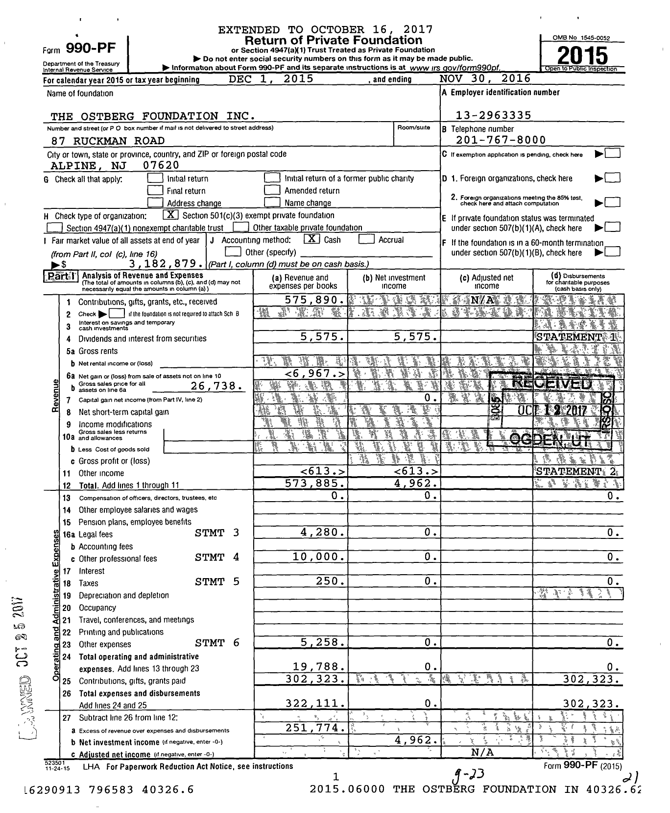 Image of first page of 2015 Form 990PF for The OSTBERG Foundation