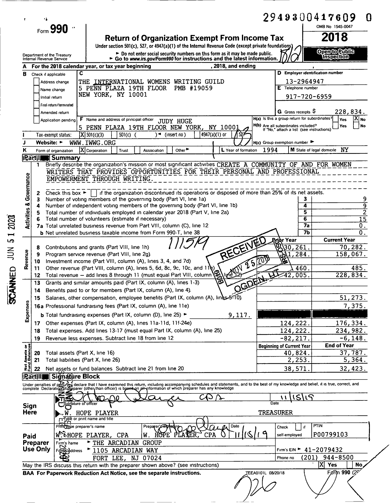 Image of first page of 2018 Form 990 for International Womens Writing Guild