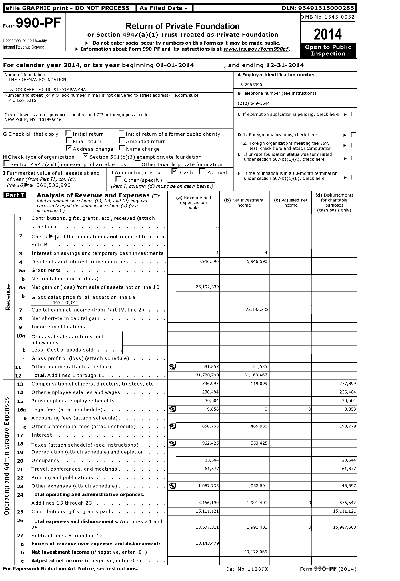 Image of first page of 2014 Form 990PF for The Freeman Foundation