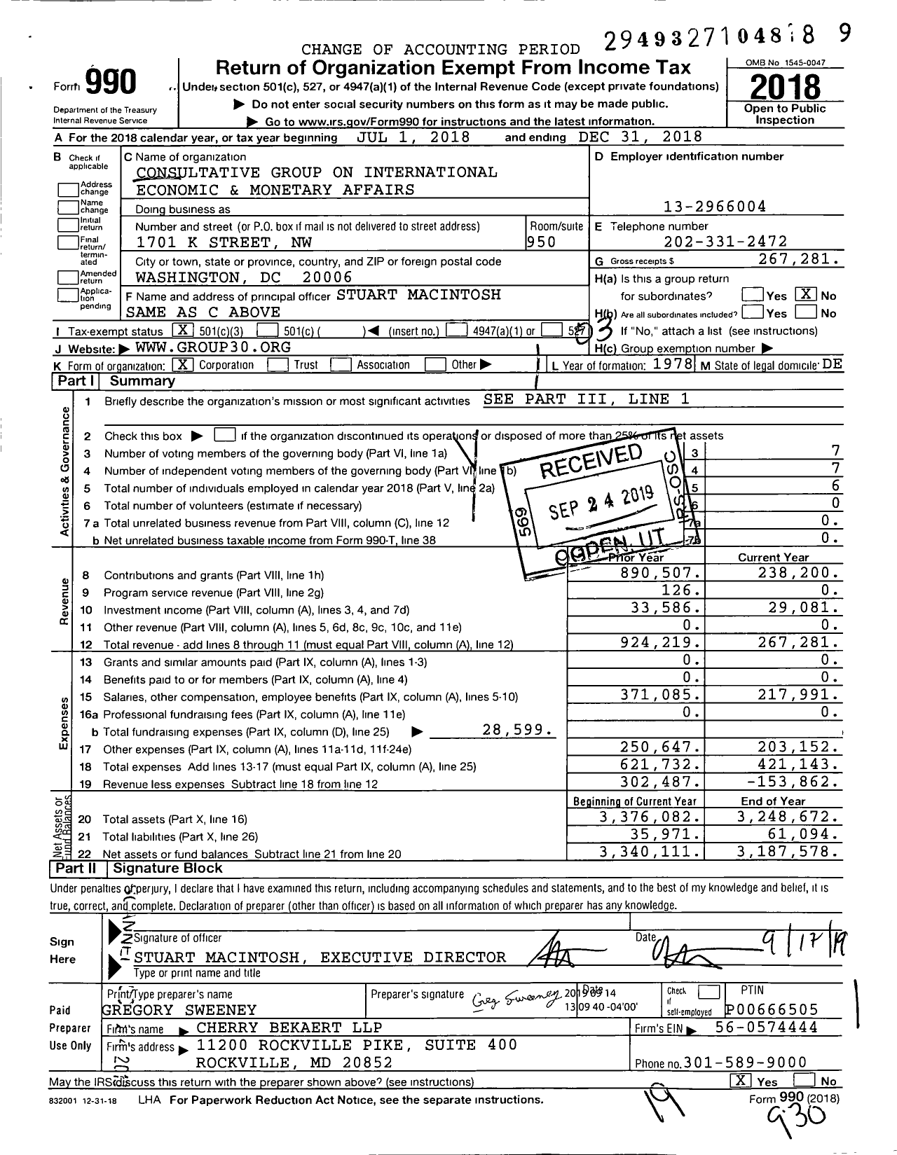 Image of first page of 2018 Form 990 for Consultative Group on International Economic and Monetary Affairs