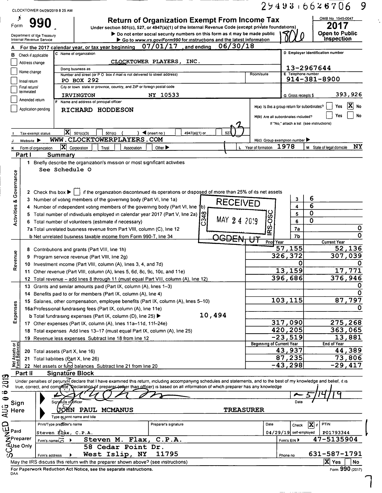 Image of first page of 2017 Form 990 for Clocktower Players