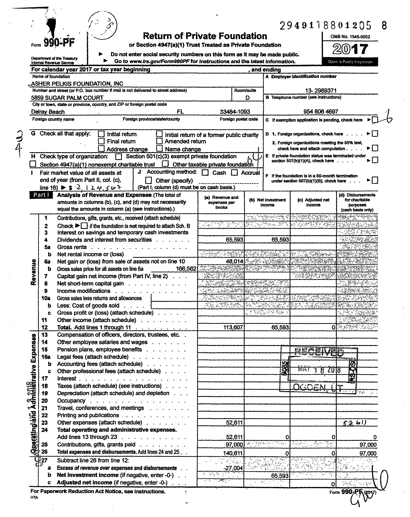 Image of first page of 2017 Form 990PF for Asher Pelkis Foundation