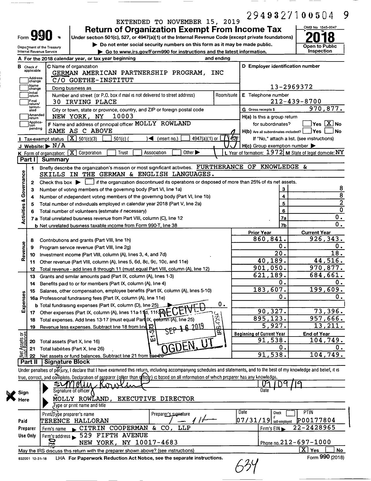 Image of first page of 2018 Form 990 for German American Partnership Program