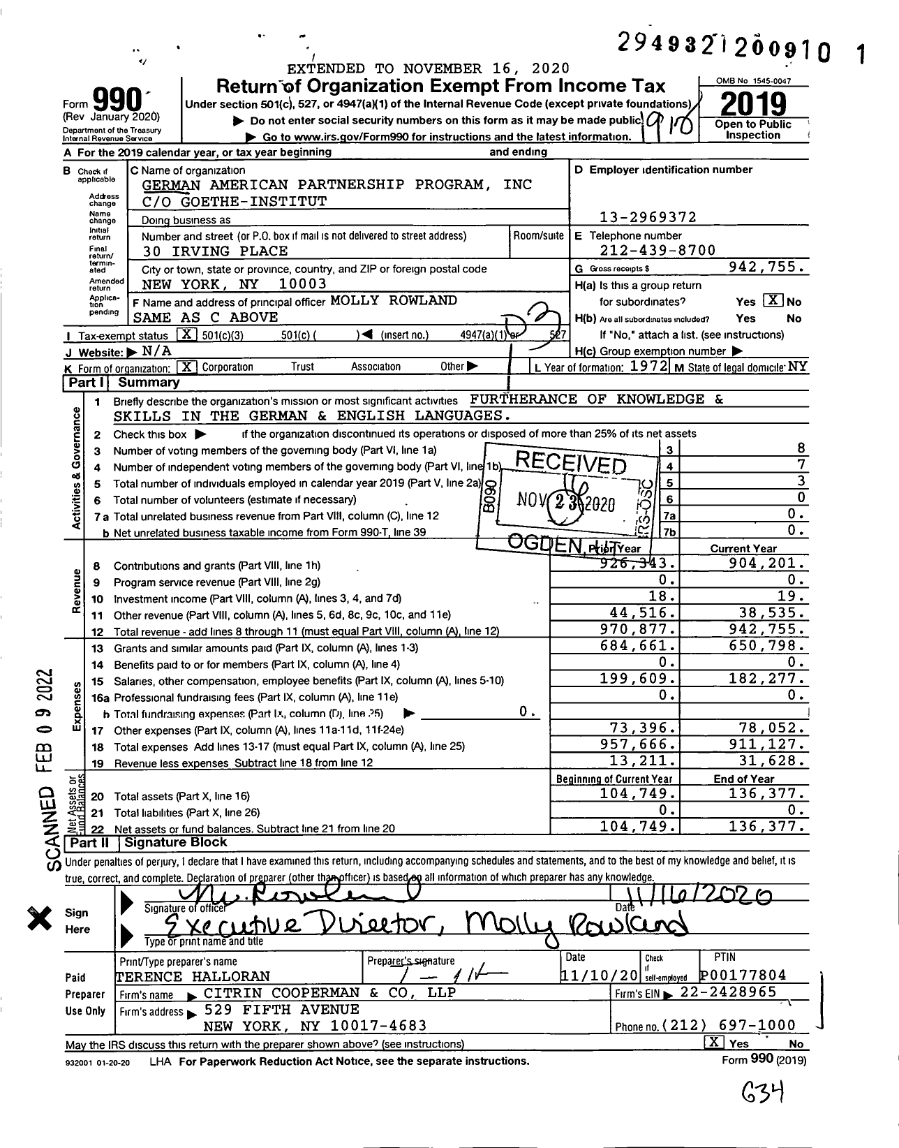 Image of first page of 2019 Form 990 for German American Partnership Program