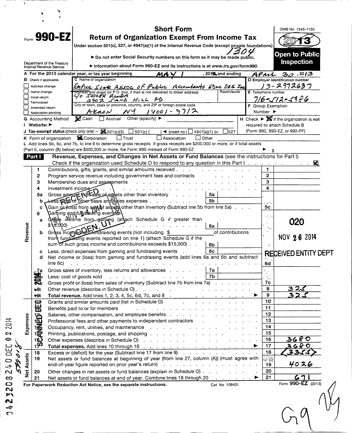 Image of first page of 2012 Form 990EZ for Empire State Association of Public Accountants Educ Organ