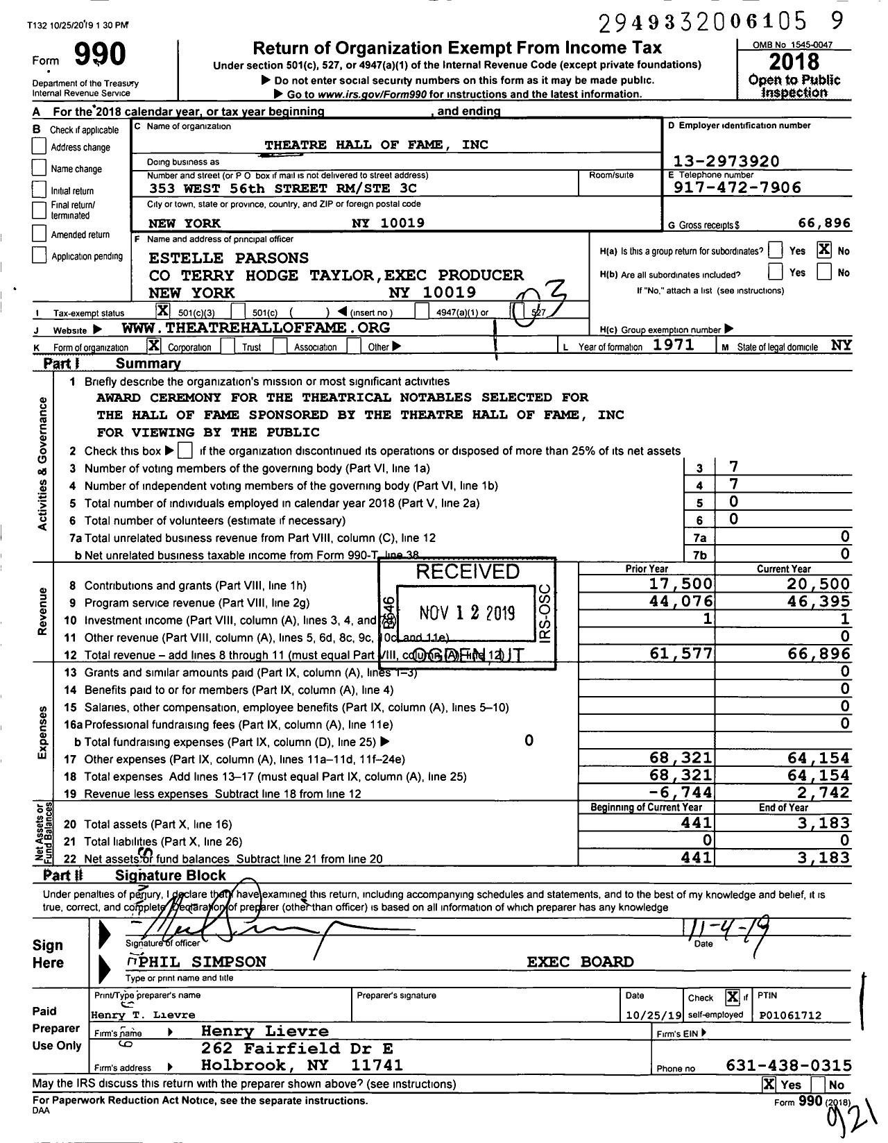 Image of first page of 2018 Form 990 for Theatre Hall of Fame