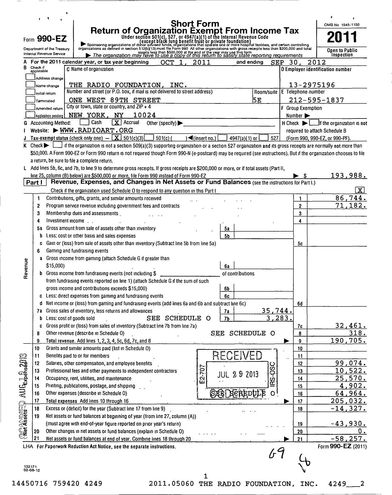 Image of first page of 2011 Form 990EZ for Radio Foundation