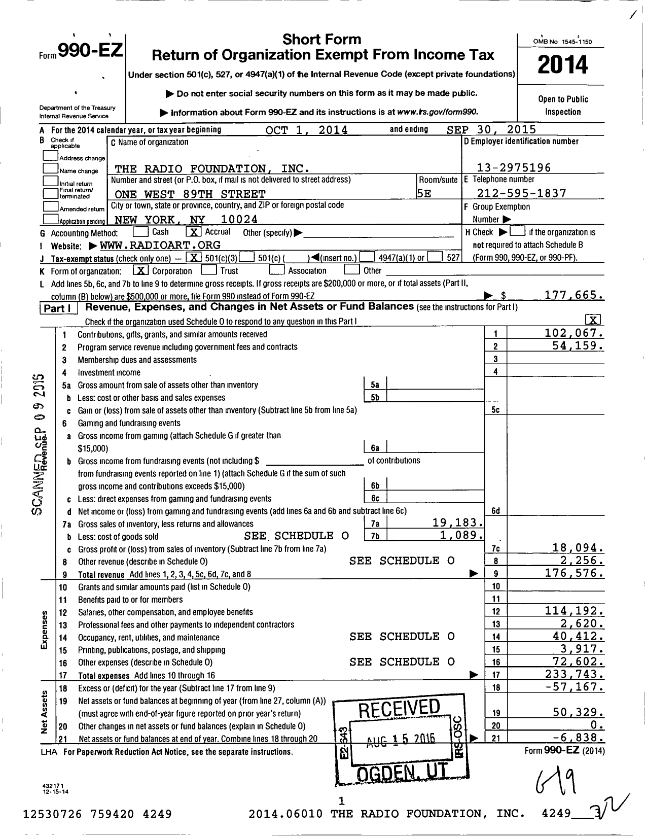 Image of first page of 2014 Form 990EZ for Radio Foundation