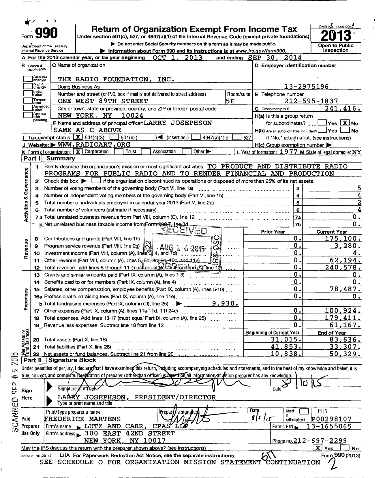 Image of first page of 2013 Form 990 for Radio Foundation
