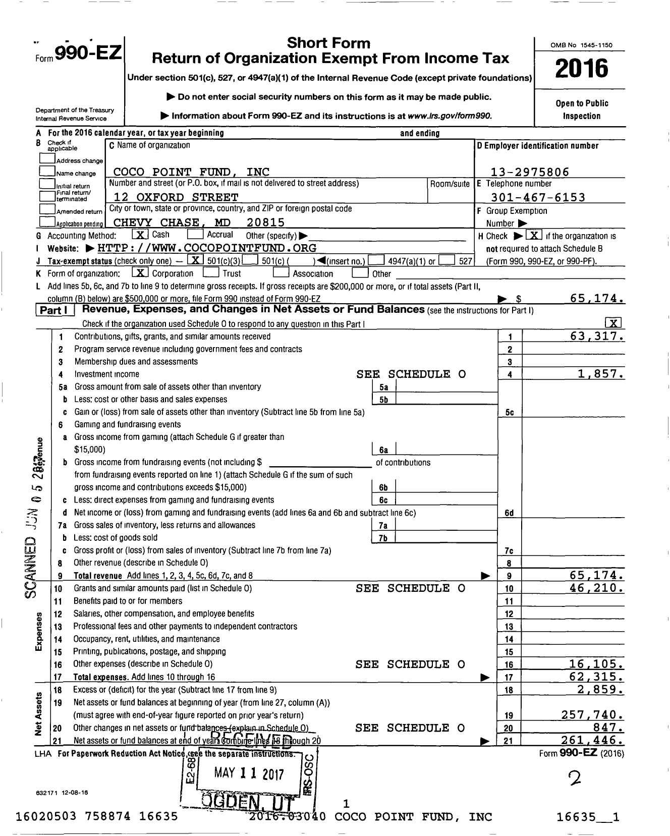 Image of first page of 2016 Form 990EZ for Coco Point Fund