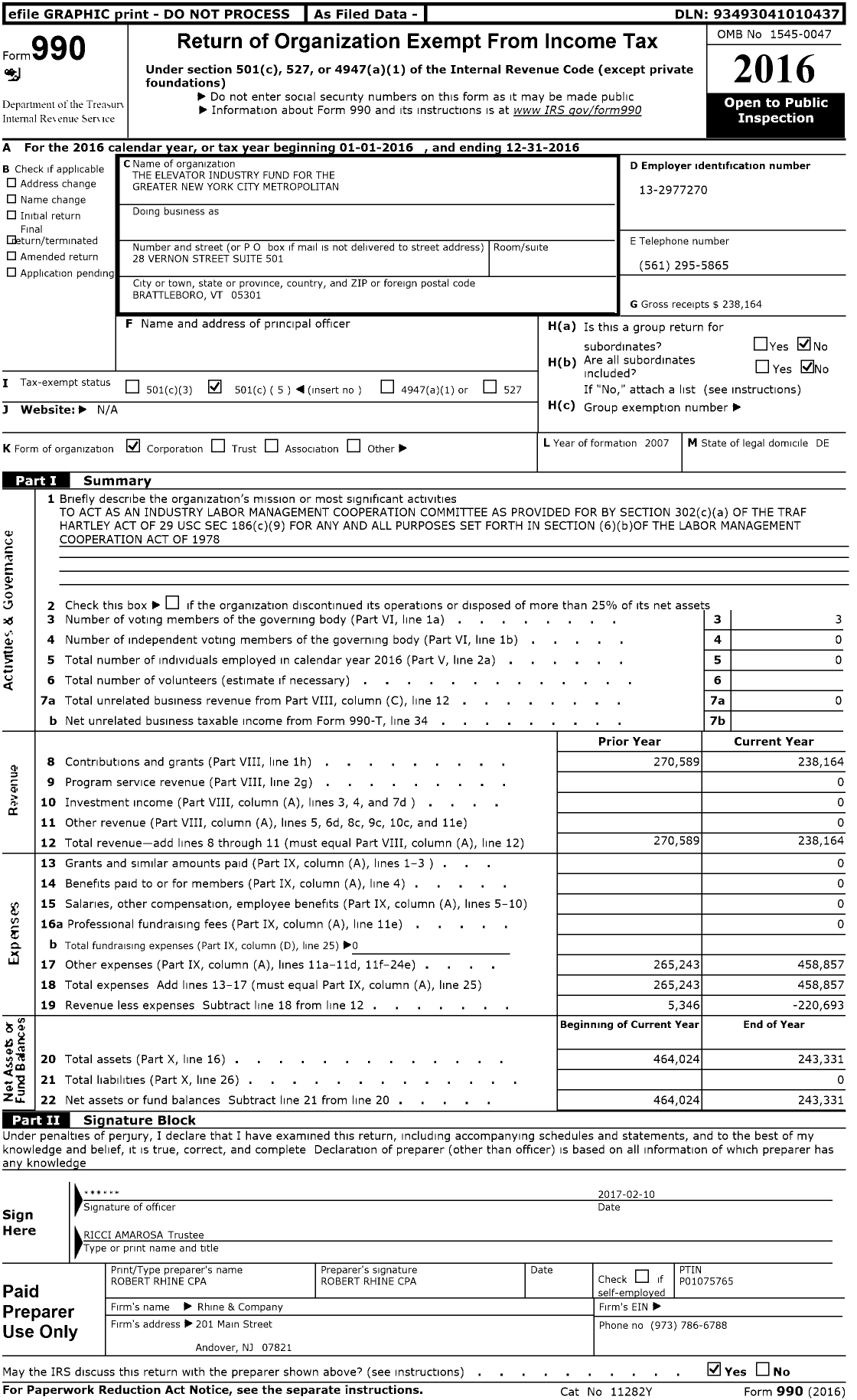 Image of first page of 2016 Form 990O for The Elevator Industry Fund for the Greater New York City Metropolitan