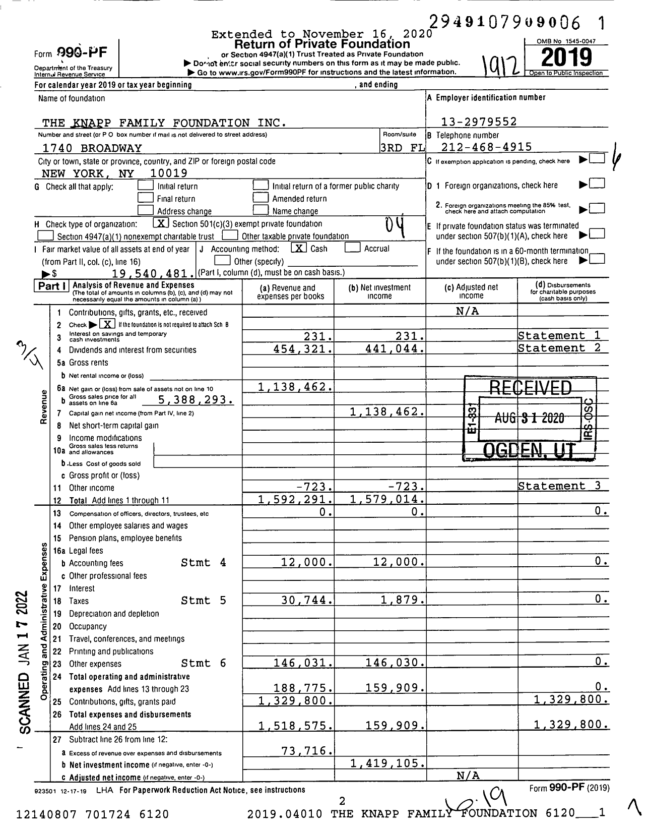 Image of first page of 2019 Form 990PF for The Knapp Family Foundation